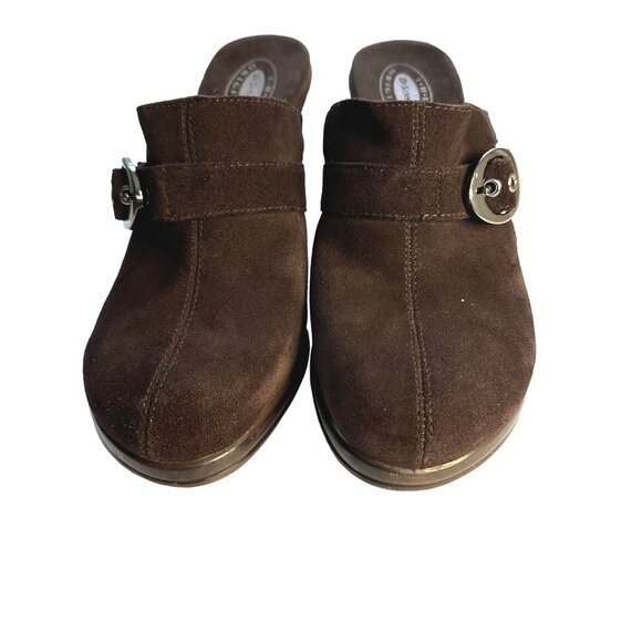 DR SCHOLLS Brown Suede Buckle Mule Slides 8 Comfort Wedge Heels Classic Chic - Picture 7 of 8
